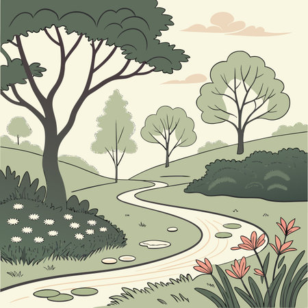 A landscape design crafted for a calm and relaxing mood, using natural elements to create a peaceful and tranquil outdoor environment.のイラスト素材