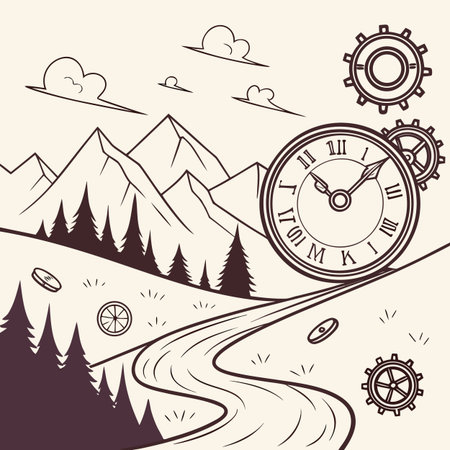 A surreal landscape composed of shattered fragments of time, floating and broken, representing concepts of past, present, and future in a conceptual art piece.のイラスト素材