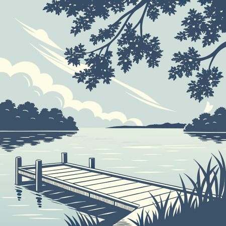 A tranquil vector illustration depicting a peaceful dock extending into calm summer lake water, inviting relaxation.のイラスト素材