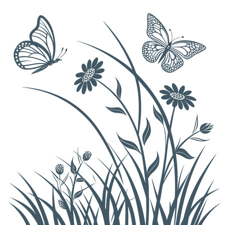 A stylized illustration of a vibrant meadow, gently sketched with a minimal outline style, featuring graceful butterflies in flight.のイラスト素材
