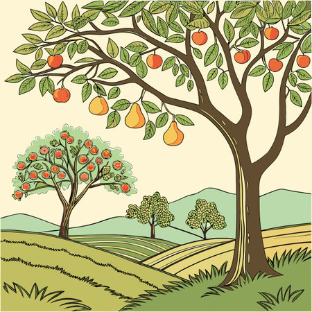 A stylized depiction of an orchard filled with trees laden with ripe fruit, symbolizing abundance, harvest, and the richness of nature.のイラスト素材