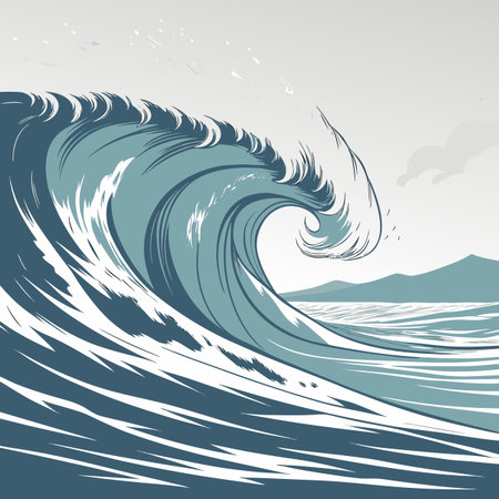 An abstract artwork depicting ocean waves frozen mid-motion, transforming into solid, crystalline structures with dynamic shapes and textures.のイラスト素材