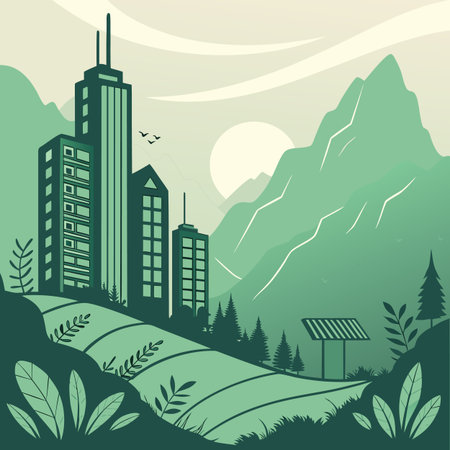 A futuristic science fiction city seamlessly integrated with natural mountain landscapes and abundant greenery, showcasing sustainable urban living.のイラスト素材