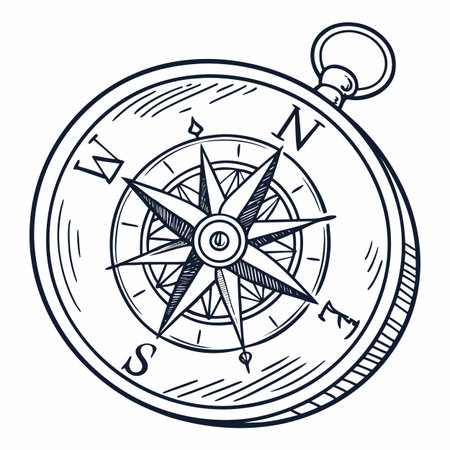 A circular, hand-drawn sketch logo featuring a compass icon and subtle radial lines, perfect for navigation or travel brands.のイラスト素材