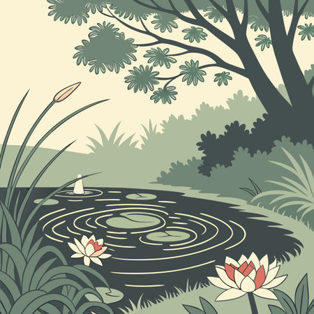 A serene illustration of a summer garden pond, featuring gentle water ripples that create a peaceful and tranquil natural oasis.のイラスト素材