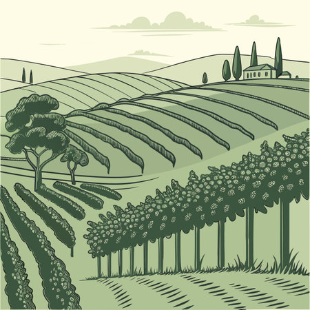 Ordered rows of grapevines stretch across a sun-drenched hillside, showcasing agriculture and landscape beauty.のイラスト素材