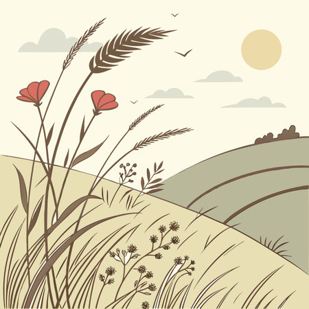 A depiction of summer grassland with subtle lines representing gentle wind, evoking a sense of peace and natural movement.のイラスト素材