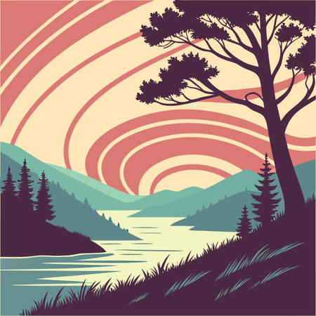 A stylized and abstract representation of a landscape, perfect for a poster design with its bold shapes and artistic composition.のイラスト素材
