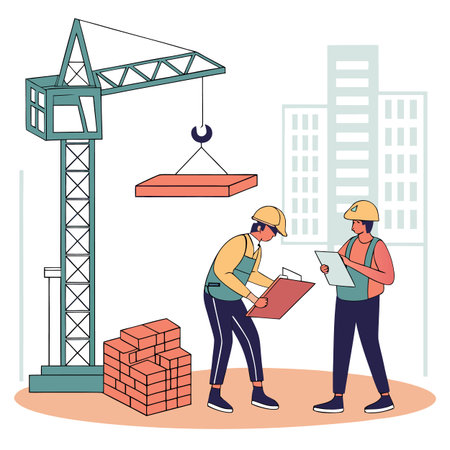 An illustrative depiction of a dynamic construction industry concept, highlighting various elements of development and engineering.のイラスト素材