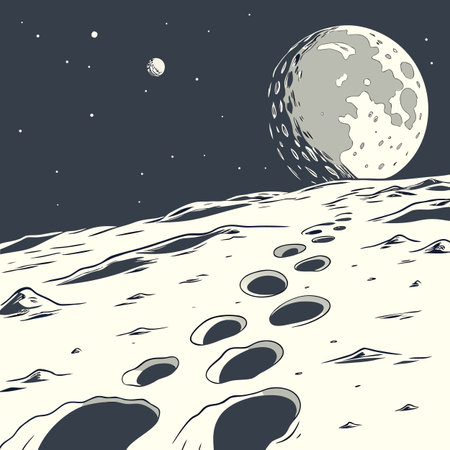 A futuristic digital depiction of the moon's surface, illuminated by mysterious glowing footprints left behind by unseen explorers.のイラスト素材