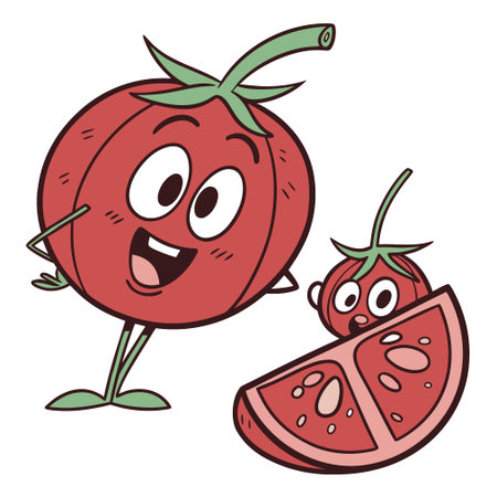 Cartoon tomato and watermelon isolated on white background. Vector illustration.のイラスト素材