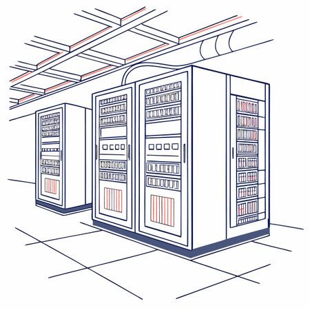 Vector illustration of server room with racks and servers. Data center.