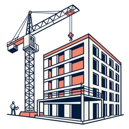 A bustling construction site featuring a tall crane and multiple buildings under various stages of development.のイラスト素材