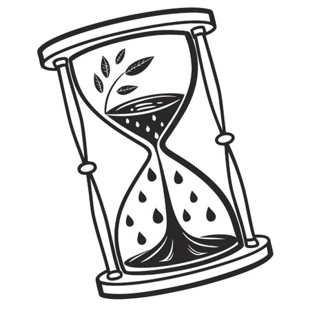 Hourglass with leaves. Black and white vector illustration isolated on white background.