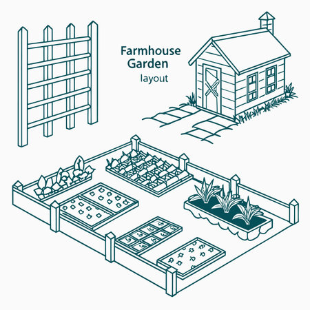 A charming blueprint illustration providing a top view of a farmhouse garden landscape, blending traditional design with rustic outdoor elements.のイラスト素材
