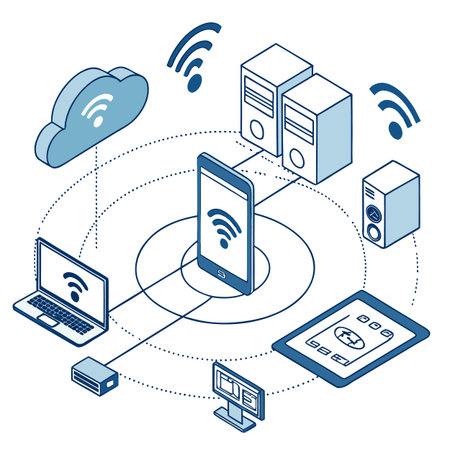 Cloud computing isometric concept with mobile phone, laptop, computer and cloud computing symbols...