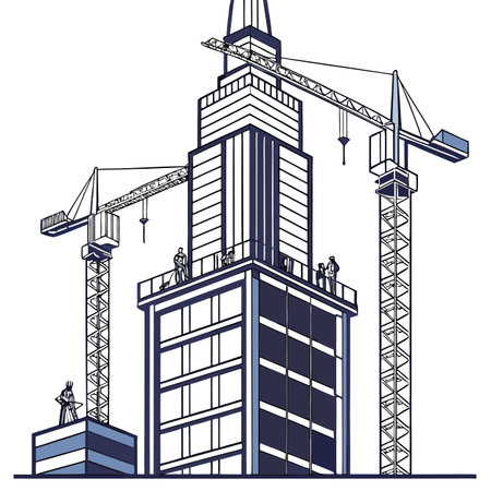 An illustration depicting the ongoing construction progress of a modern skyscraper, symbolizing urban development and future growth.のイラスト素材
