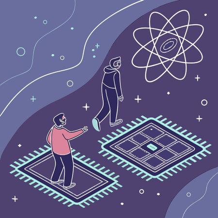 Vector illustration of a man and a woman standing on the background of the microchip.のイラスト素材