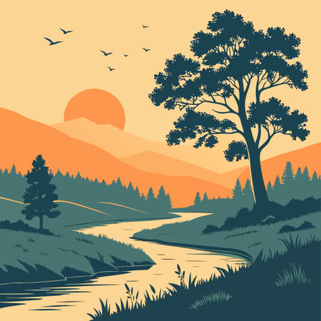 A minimalist vector landscape of a river at sunset, featuring a striking orange sky, perfect for clean and modern graphic design.のイラスト素材