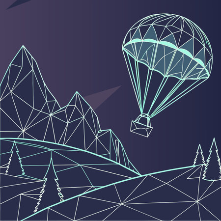 Abstract digital landscape featuring geometric terrain and floating polygonal shapes in a 3D virtual space.のイラスト素材