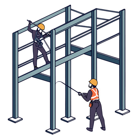 Industrial scene on a white background showing workers collaborating to assemble a metal frame structure.のイラスト素材
