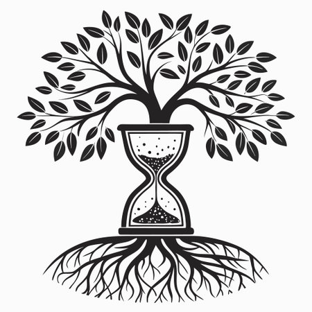Hourglass and tree with roots. Black and white vector illustration.のイラスト素材