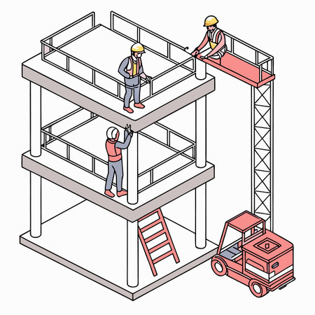Vector illustration of a construction site featuring multiple layered platforms and lifts, depicting complex structural development and vertical progress.のイラスト素材