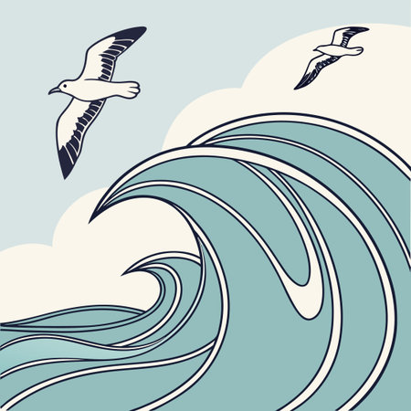 An artistic vector illustration of ocean waves and seagulls, offering a unique and stylized representation of a coastal scene.のイラスト素材