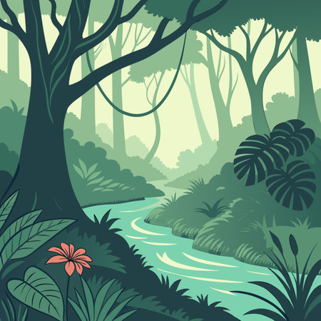 A detailed illustration of a dense jungle landscape featuring lush green trees, thick foliage, and a serene river stream flowing through.のイラスト素材