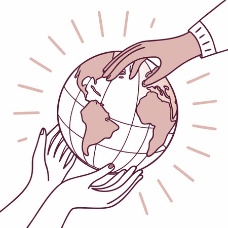 An illustration symbolizing environmental protection, featuring caring hands gently cradling a vibrant green globe, representing sustainability and ecological awareness.のイラスト素材