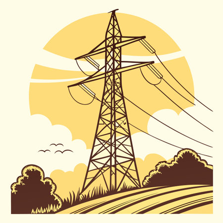 A tall electric transmission tower stands silhouetted against a vibrant sunset, illustrating power generation, energy infrastructure, and natural beauty.のイラスト素材