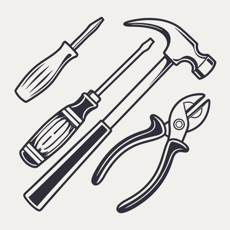 A visually appealing, symmetrical arrangement of common hand tools used for various construction and repair tasks.のイラスト素材