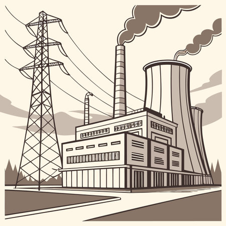 A vector illustration depicting an industrial power plant intricately connected to the national energy grid.のイラスト素材