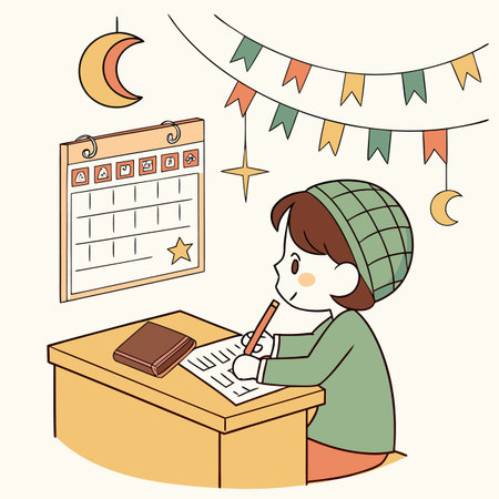 A cute illustration of a child happily writing a Ramadan checklist, signifying preparation and anticipation for the holy month.のイラスト素材