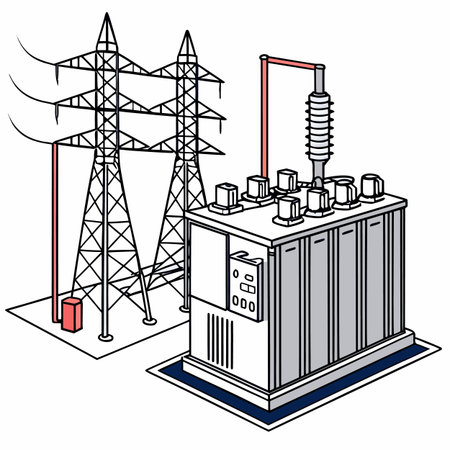 An industrial vector illustration of a high voltage power substation, featuring prominent transformers and transmission infrastructure.のイラスト素材