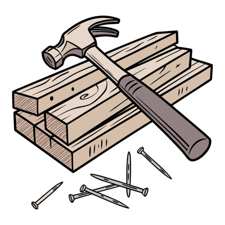 A realistic illustration showcasing a hammer, various nails, and wood planks arranged as a construction still life, symbolizing craftsmanship and building work.のイラスト素材
