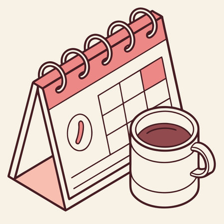 An isometric illustration of a calendar block paired with a simple ceramic coffee mug, suggesting time management and morning rituals.のイラスト素材