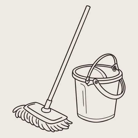 A vector graphic of a mop and bucket, symbolizing floor cleaning, household hygiene, and maintaining a tidy living space.のイラスト素材