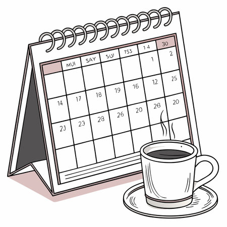 A professional composition featuring a calendar and a coffee mug, ideal for business, planning, and productivity-related themes.のイラスト素材