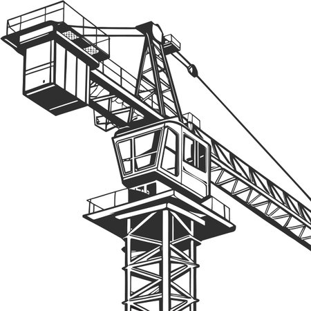 A realistic scale vector illustration of a tall tower crane, a vital piece of heavy machinery used in large-scale construction projects.のイラスト素材