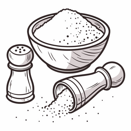 A quaint small bowl filled with shimmering salt crystals, cleanly isolated on a white background, ideal for culinary and cooking projects.のイラスト素材