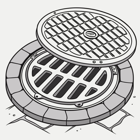 A durable construction floor drain cover featuring a metal finish, designed for efficient water drainage in industrial or commercial settings.のイラスト素材