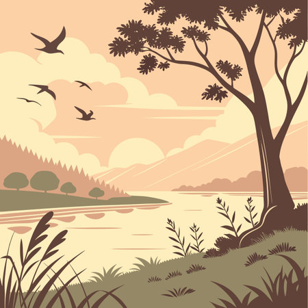 A beautiful illustration of a lake at sunrise, with warm colors illuminating the sky and birds gracefully flying, capturing a peaceful morning atmosphere.のイラスト素材