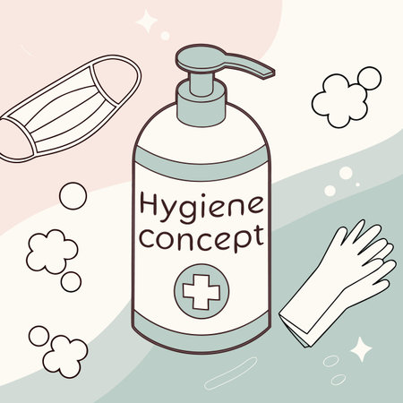 A bottle of antiseptic liquid, representing germ protection, wound care, and essential health and hygiene practices.のイラスト素材