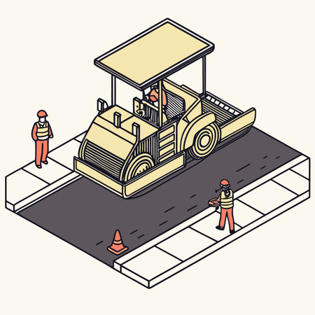 A detailed illustration of an asphalt paving machine, a vital piece of heavy equipment used for road construction and surface laying.のイラスト素材