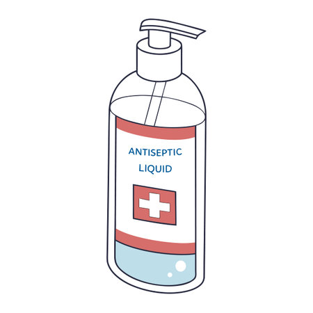 An illustration showcasing an antiseptic liquid bottle, highlighting its role in personal and household hygiene.のイラスト素材