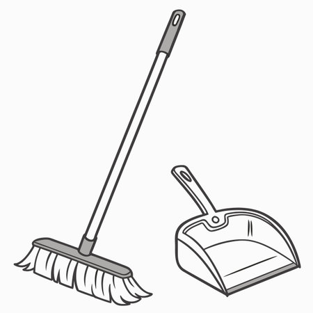 A simple, clean illustration of a broom and dustpan, symbolizing domestic chores and tidiness.のイラスト素材