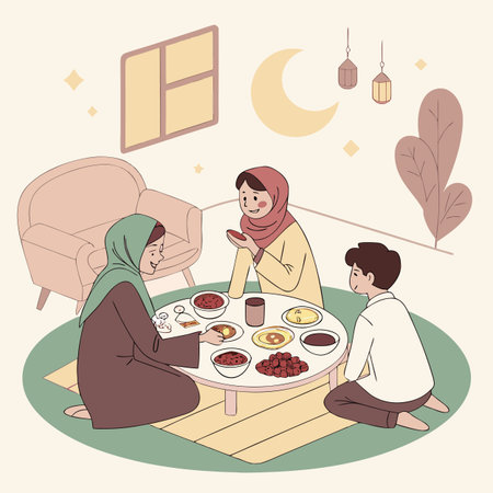 A diverse family unites around a table laden with food for the Iftar meal during the holy month of Ramadan.のイラスト素材