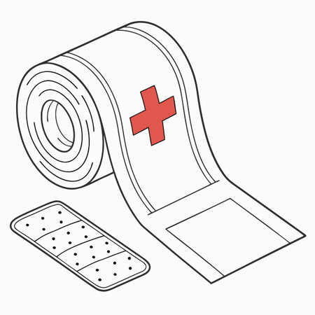 A clean illustration of a bandage roll and adhesive strips on a white background, symbolizing first aid, wound care, and medical treatment.のイラスト素材
