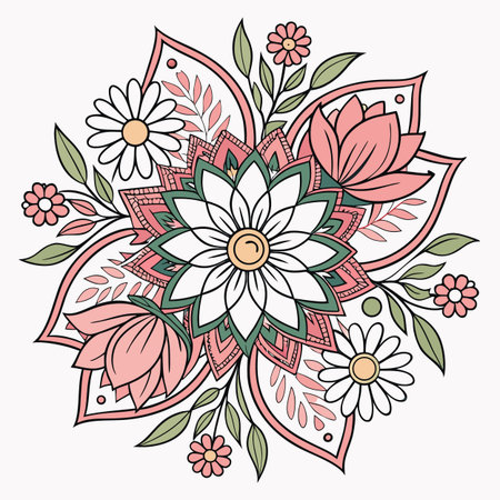 A detailed and symmetrical floral mandala illustration, perfect for spiritual, wellness, or decorative design projects.のイラスト素材